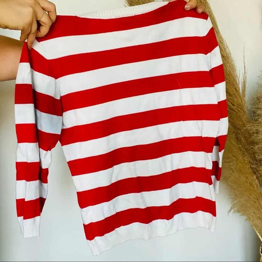 VINTAGE H&M LOGG Red White VNeck Striped 3/4 Sleeve Cropped Pullover Sweater M - Picture 5 of 9